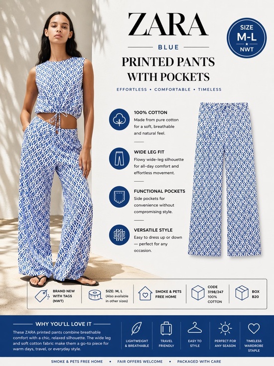 Zara Pants - ZARA Blue Printed Pants with Pockets NWT Sizes M & L